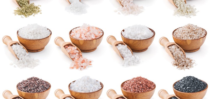 collection of different types of salt isolated on white background