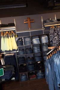 shelving unit full of jeans