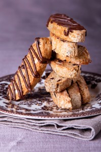 Walnut biscotti covered in chocolate