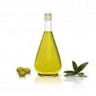 bottle of olive oil, with an olive