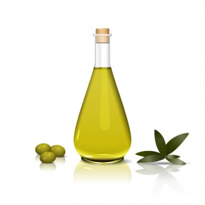 bottle of olive oil, with an olive