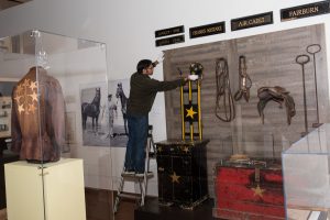 Archivist Vinothaan Vipulanantharajah making adjustments to the exhibition titled Weiller and Williams Co Ltd: Building a Livestock Empire.